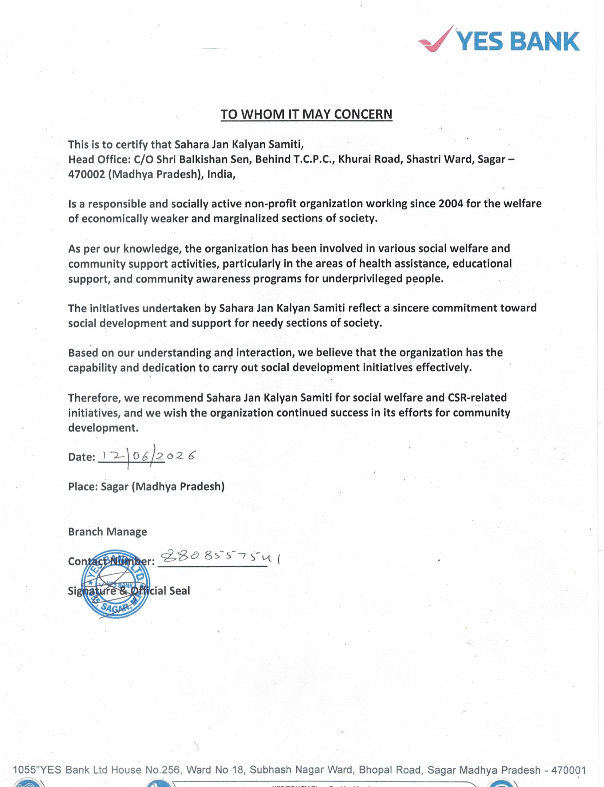 YES Bank Recommendation Letter